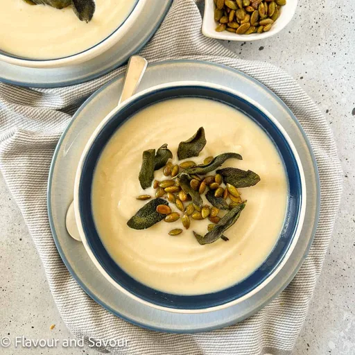 Roasted Cauliflower Soup with Spicy Pumpkin Seeds
