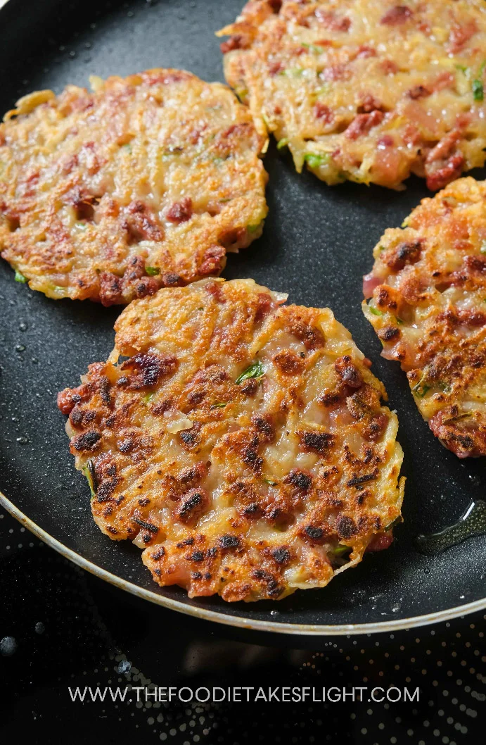 Potato, Corned “Beef”, and Cheese Pancakes