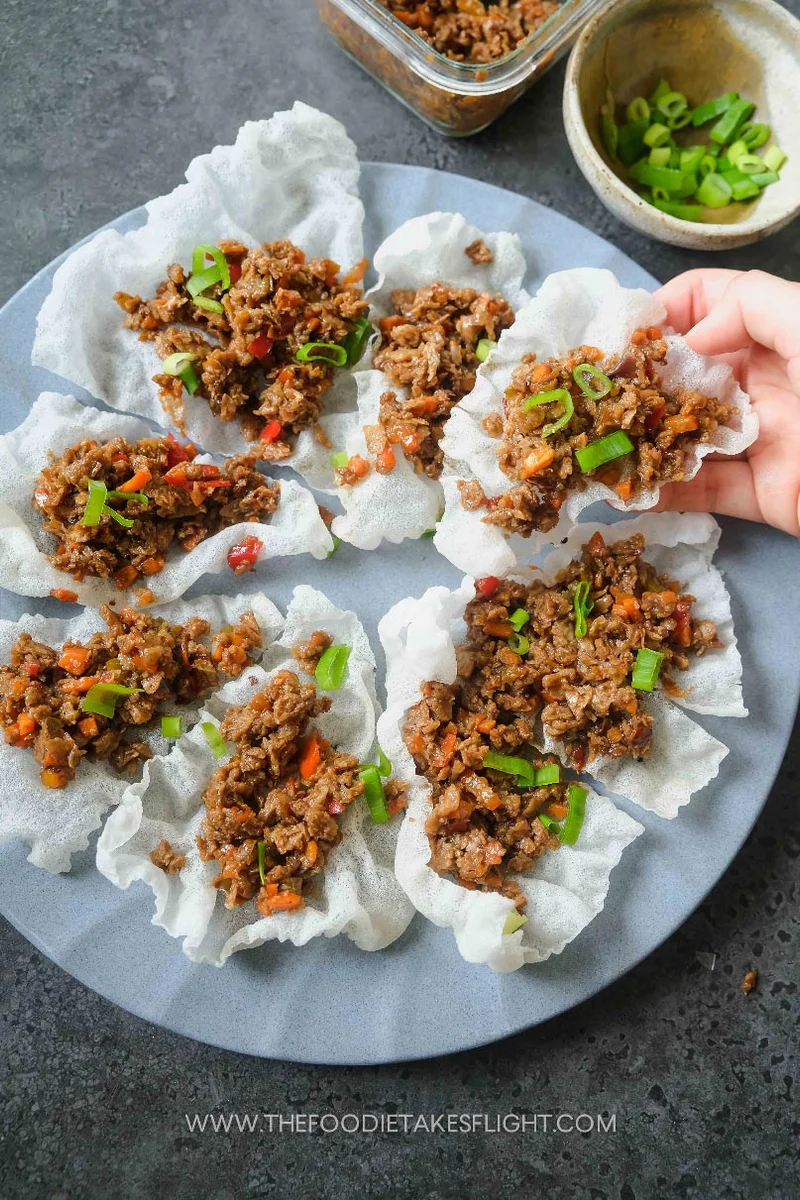 Crispy Rice Paper Boats with Hoisin Minced ‘Meat’ Filling