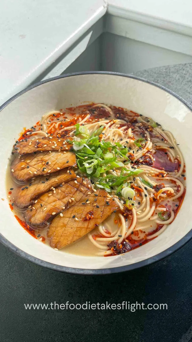 Roasted Garlic Miso Noodle Soup with Seared King Oyster Mushrooms