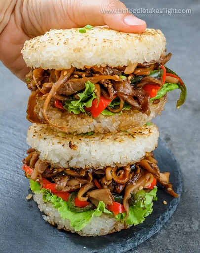 Toasted Rice Burgers with Teriyaki Mushrooms
