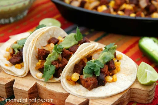 Chorizo Tacos with Roasted Onion, Corn and Avocado Salsa