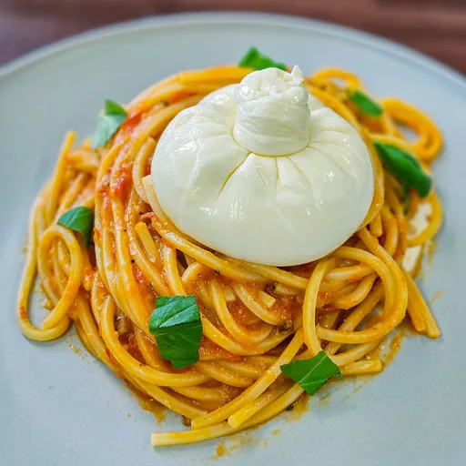 Pasta Cremosa de Tomates Cherry con Burrata