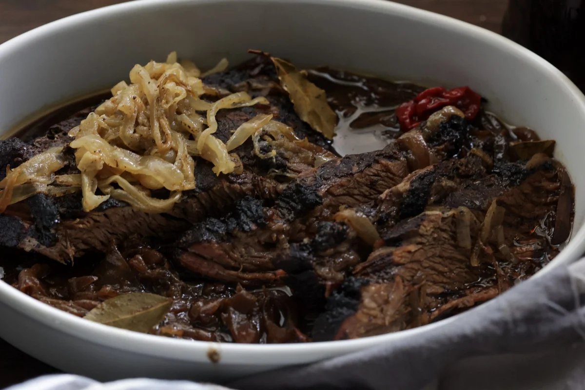 Dutch Oven Beer Braised Brisket with Onion Gravy