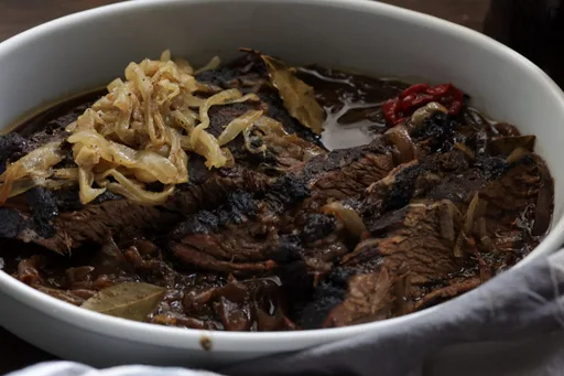 Dutch Oven Beer Braised Brisket with Onion Gravy