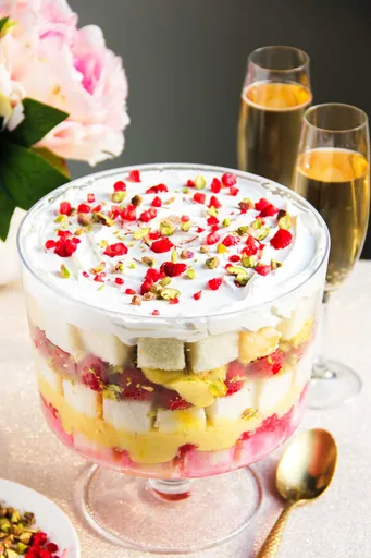 Raspberry Trifle with Cardamom Saffron & Pistachios