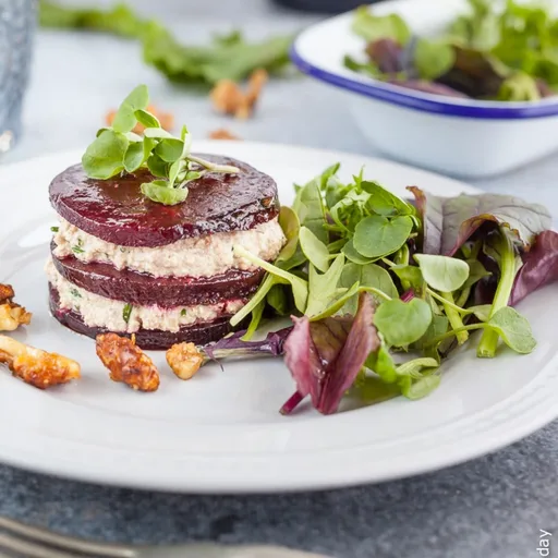 Roasted Beetroot Napoleons with Walnut Chive Cream (Vegan)