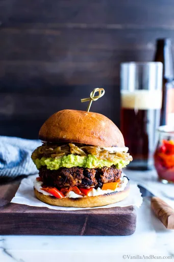 Black Bean Walnut Burgers with Saucy Sweet Onions
