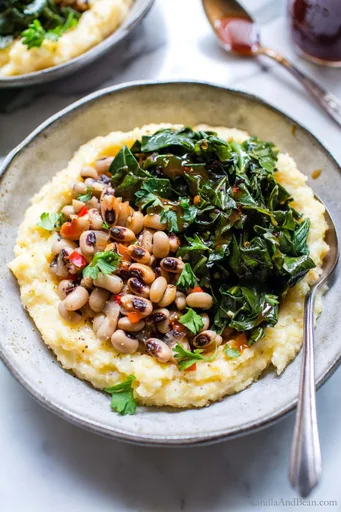 Black Eyed Peas with Smoky Collards and Cheesy Grits