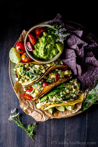 Creamy Corn, Zucchini and Poblano Tacos