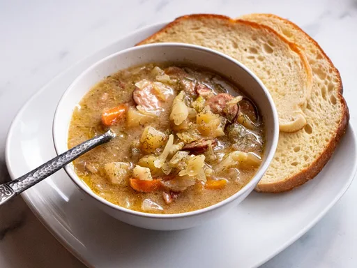 Sauerkraut Soup with Bacon, Kielbasa, and Dill