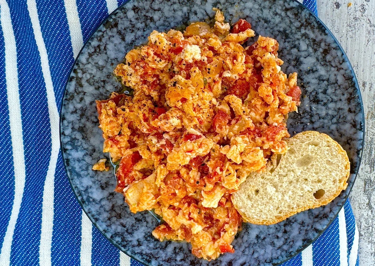 Greek Style Scrambled Eggs with Cherry Tomatoes and Feta - Kagianas