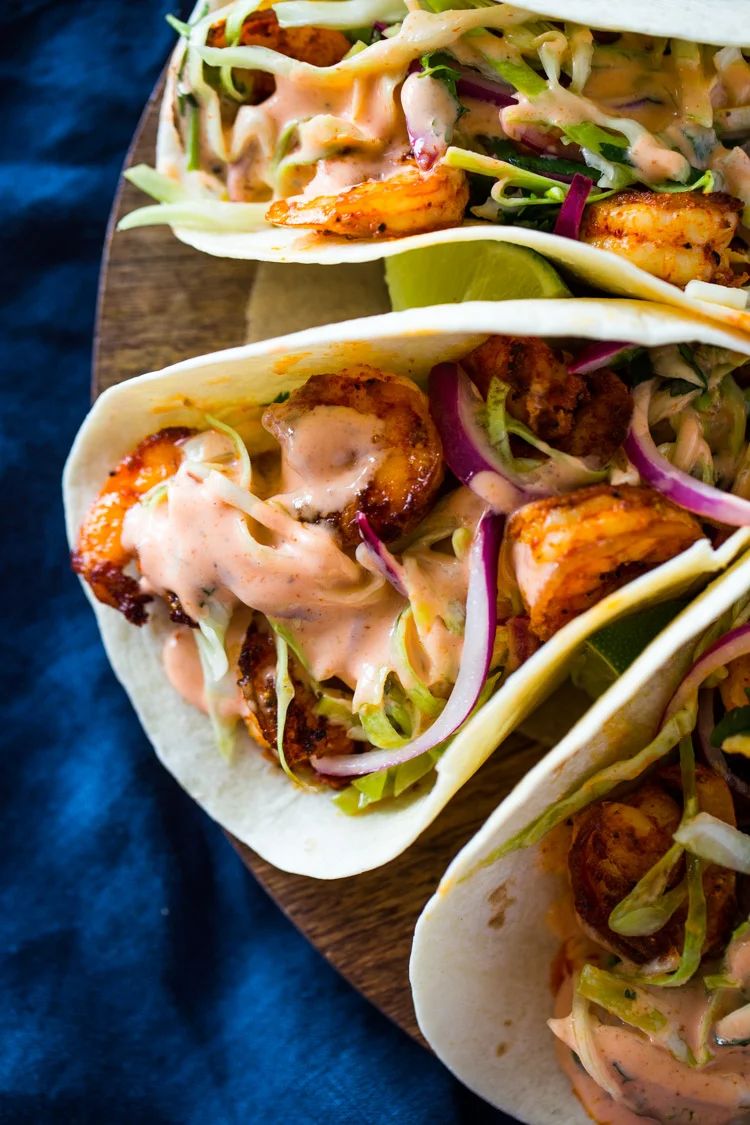 Spicy Shrimp Tacos with Cilantro Slaw and Sriracha Sauce