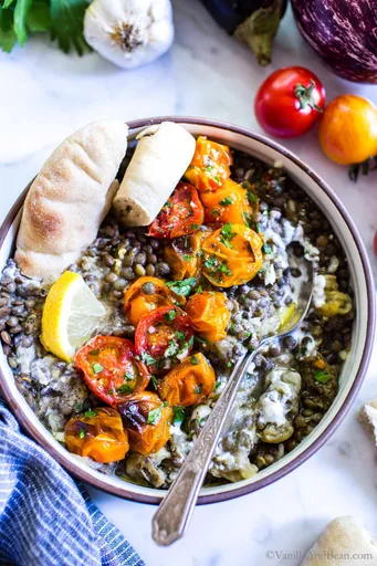 Mediterranean Lentils with Roasted Eggplant and Tomatoes