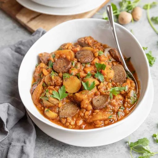 Estofado Vegano de Lentejas, Patata y Salchicha