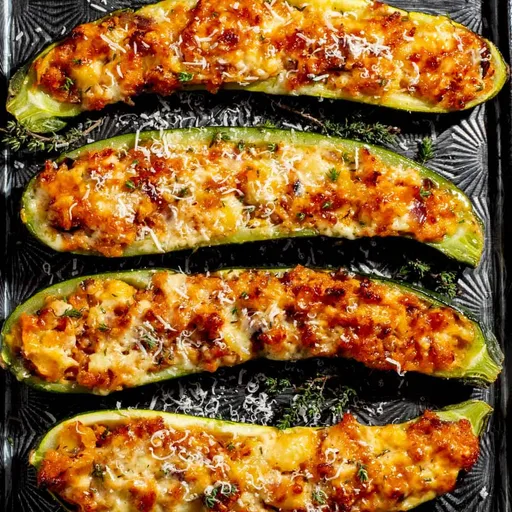 Barquitos de calabacín rellenos de salchicha y queso