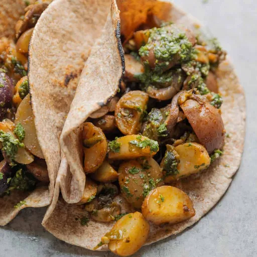Vegan Potato Tacos with Mushrooms and Quick Chimichurri Sauce