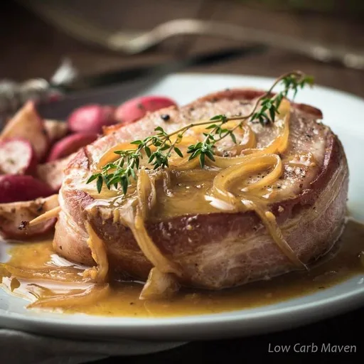 Chuletas de Cerdo Envueltas en Tocino con Glaseado de Vinagre de Sidra de Manzana