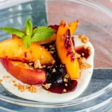 Broiled Peaches with Black Cherry Preserves, and Crème Fraiche