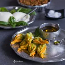 Fresh Stuffed Squash Blossoms with Burrata & Kalamata Olive Spread