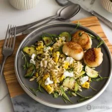 Grilled Corn Zucchini Orzo Salad with Goat Cheese & Seared Scallop