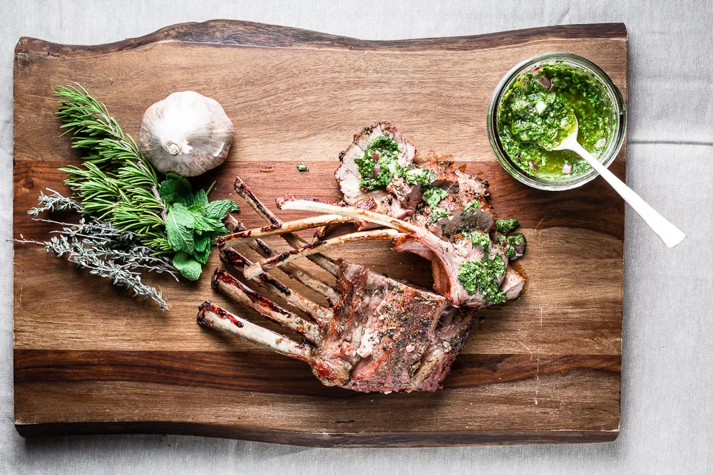 Grilled Herb-Crusted Rack of Lamb with Mint Chimichurri