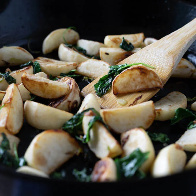 Pan Fired Turnips Recipe with Onions and Spinach