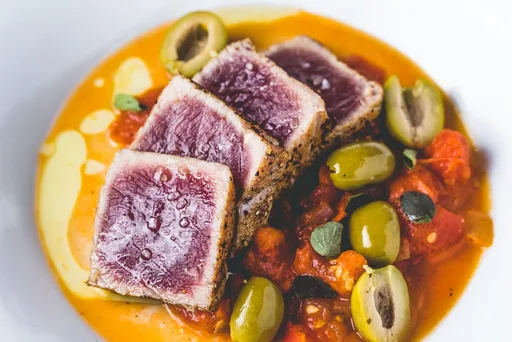 Seared Tuna with Tomato and Olive Sauce