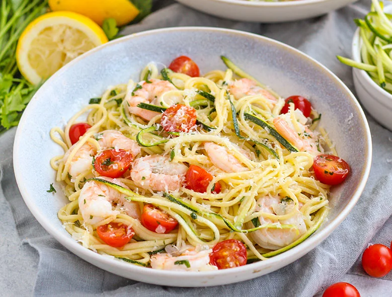 Shrimp Scampi Spaghetti with Zucchini Noodles and Fresh Tomatoes