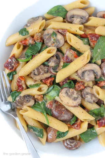 Pasta vegana cremosa con setas y tomate seco