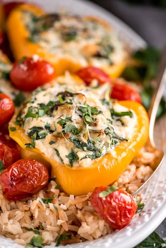 Pimientos Vegetarianos Rellenos de Espinacas y Ricotta con Tomates Confitados