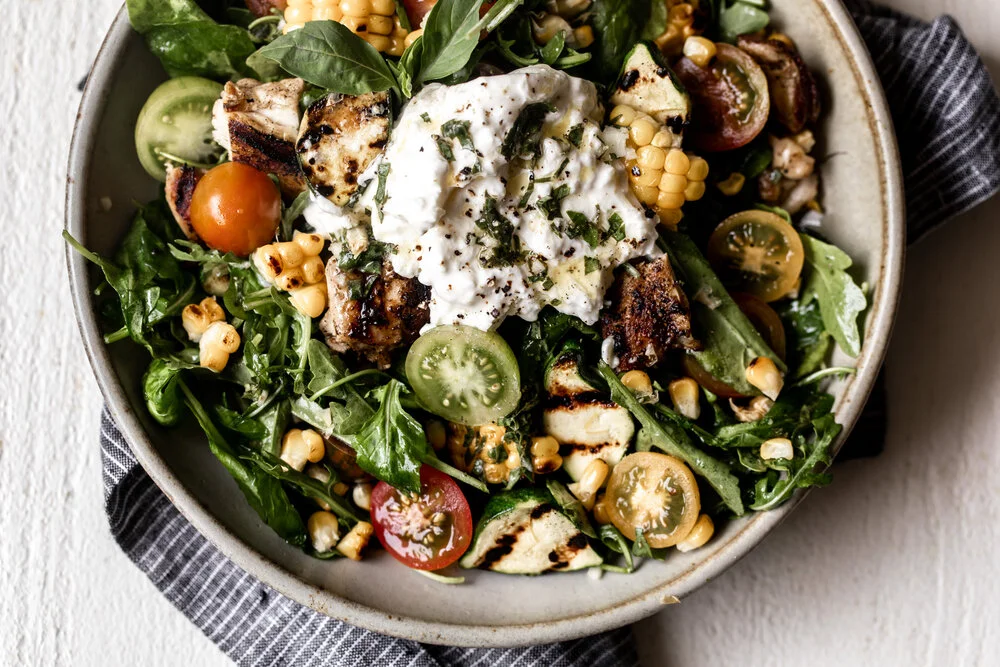 Heirloom Tomato & Grilled Veggie Salad with Burrata & Basil Vinaigrette