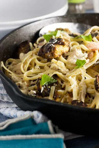 Leftover Turkey Pasta With Brussel Sprouts And Bacon