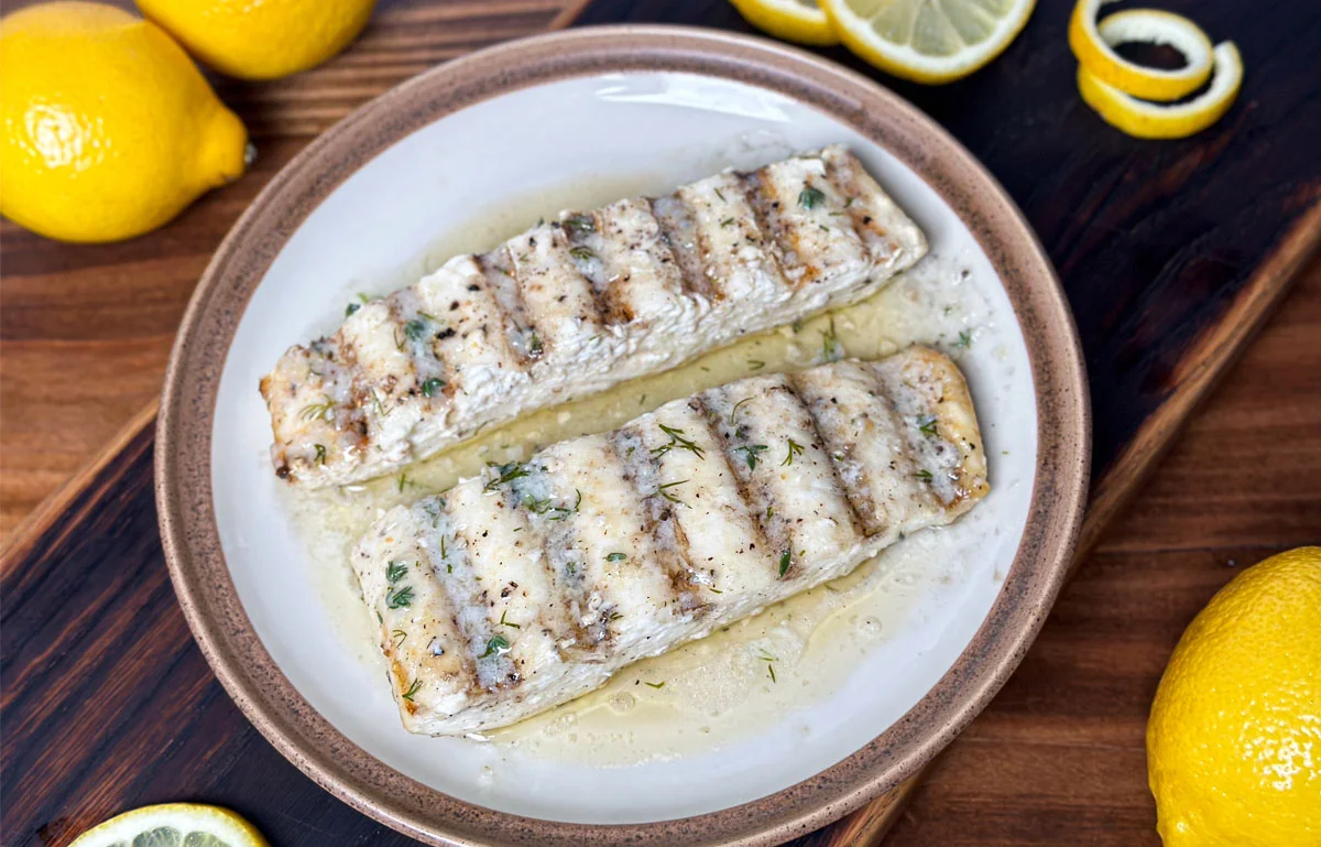 Grilled Halibut with Lemon Butter Garlic Sauce
