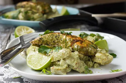 Jerk salmon with yogurt potatoes