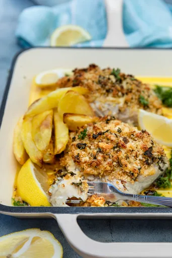 Posh Fish And Chips (Baked Panko Cod With Lemon Butter Sauce)