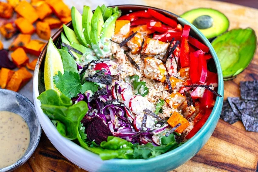 Rainbow Salad Bowl With Salmon & Sesame Dressing