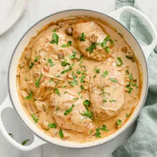 Pan-Seared Chicken with Balsamic Cream Sauce, Mushrooms and Onions