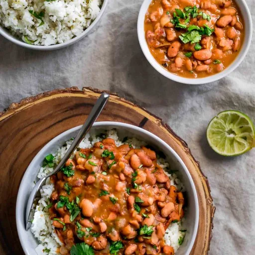 Frijoles pintos mexicanos y arroz al cilantro y lima con tomatillo