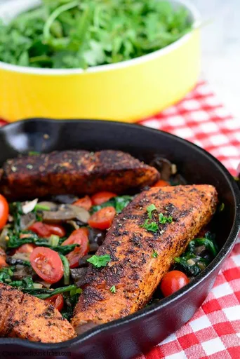 Blackened Salmon with Sauteed Spinach and Mushrooms