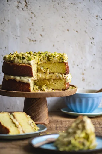 Lemon Ricotta Cake with Toasted Pistachio Frosting