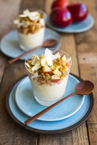White Chocolate and Mascarpone Mousse with Raw Apple Crumble