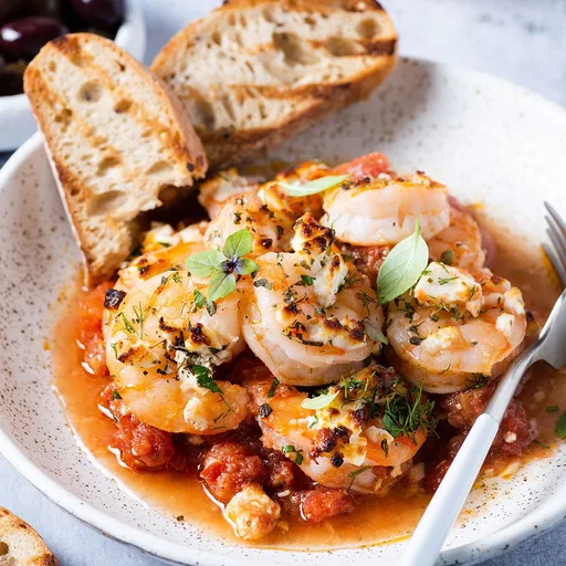 Gambas saganaki (gambas al estilo griego con tomates y feta)