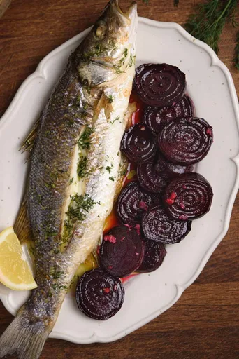 Baked Sea Bass With Roasted Beetroots