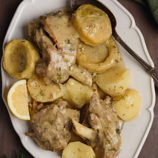 Estofado griego de cabrito con alcachofas y patatas