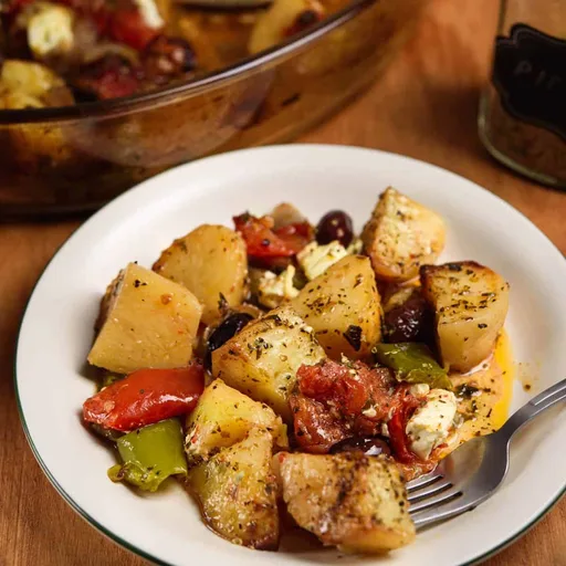 Patatas al horno griegas con verduras