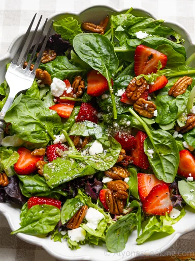Ensalada de Espinacas y Fresas con Aderezo de Cebolla Dulce y Semillas de Amapola