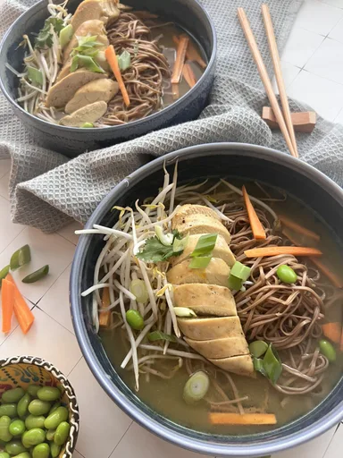 Easy Wagamama Inspired Ramen soup with chicken and soba noodles