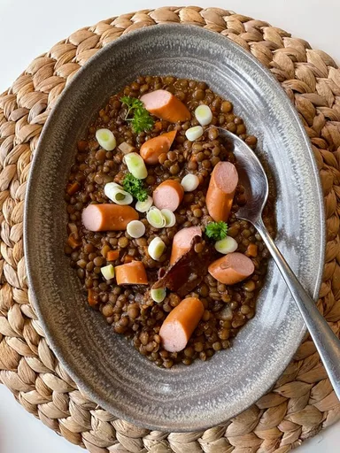 Hearty Lentil Stew with Sausages and Bacon