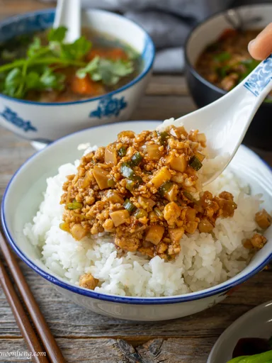 Lu Rou Fan - Braised Tofu Rice Bowl '素滷肉飯'